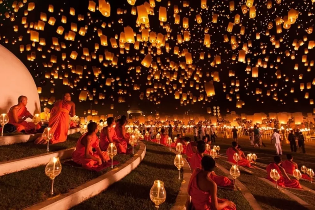 Ano-Novo Chinês, lanternas de papel flutuantes douradas no céu noturno, com monges budistas ao fundo.