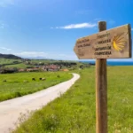 Sinalização de madeira do Caminho de Santiago com a concha de vieira, indicando a direção para Santiago de Compostela, em um caminho rural com campos verdes e ao fundo uma vila.
