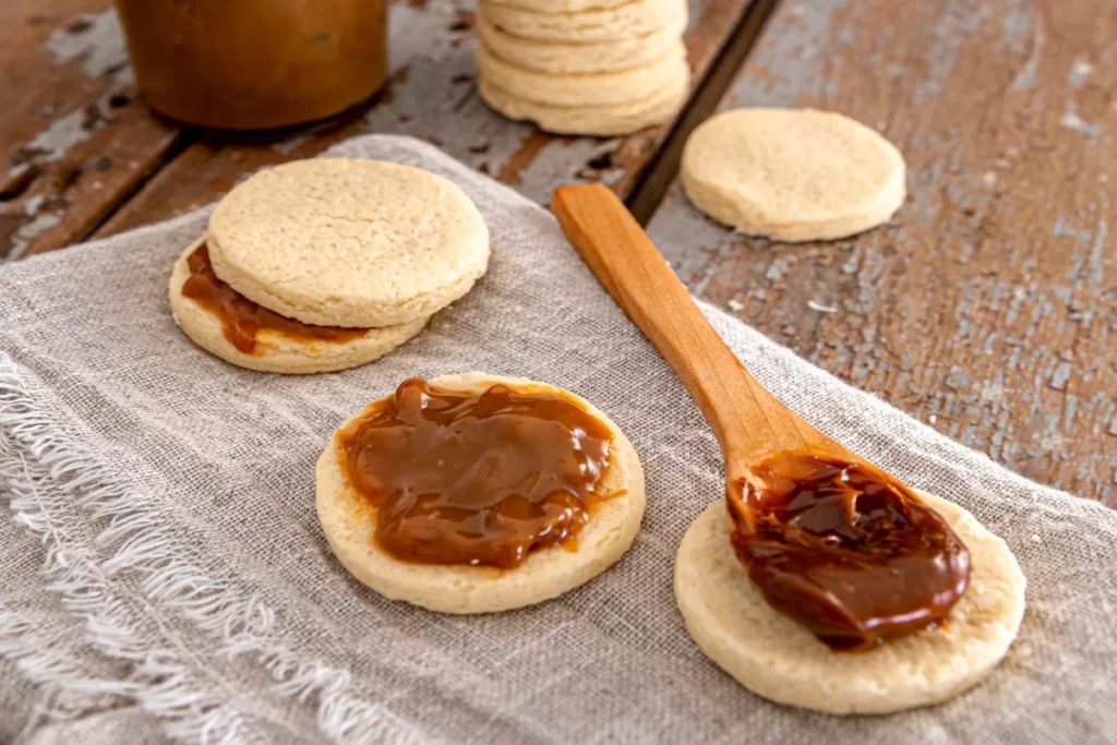Doce de leite cremoso em uma colher de madeira ao lado de uma base de biscoito de alfajor, com outro biscoito recheado ao lado, sobre um pano de linho e uma mesa de madeira.