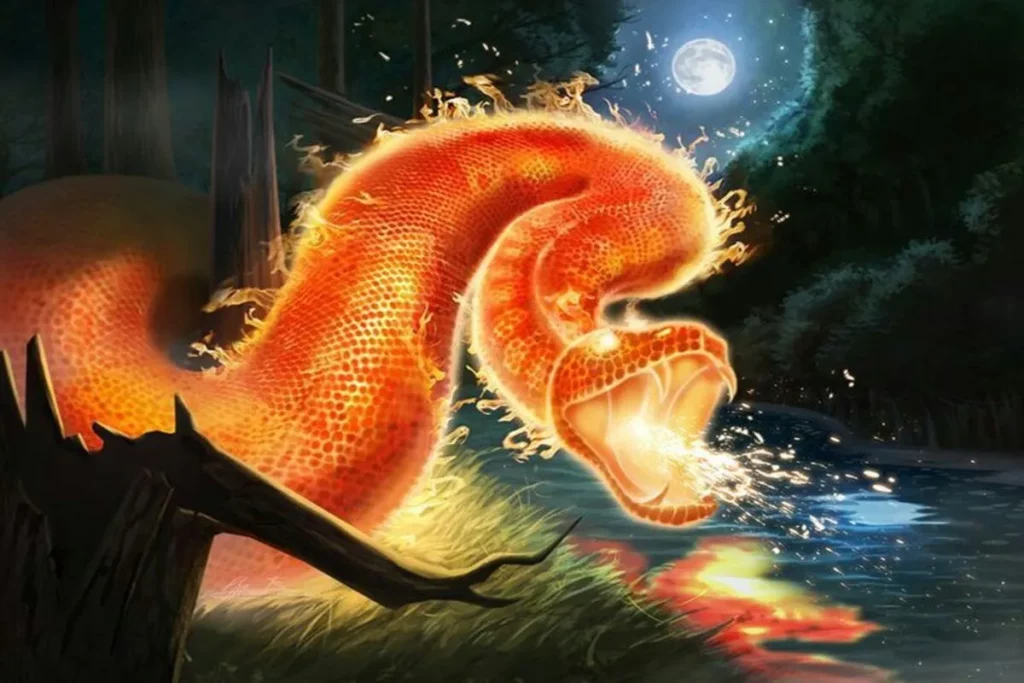 Ilustração de uma serpente gigante e flamejante, o Boitatá, a emergir de um rio numa floresta noturna. A imagem evoca o poder e o mistério das lendas indígenas brasileiras, sob a luz da lua cheia.