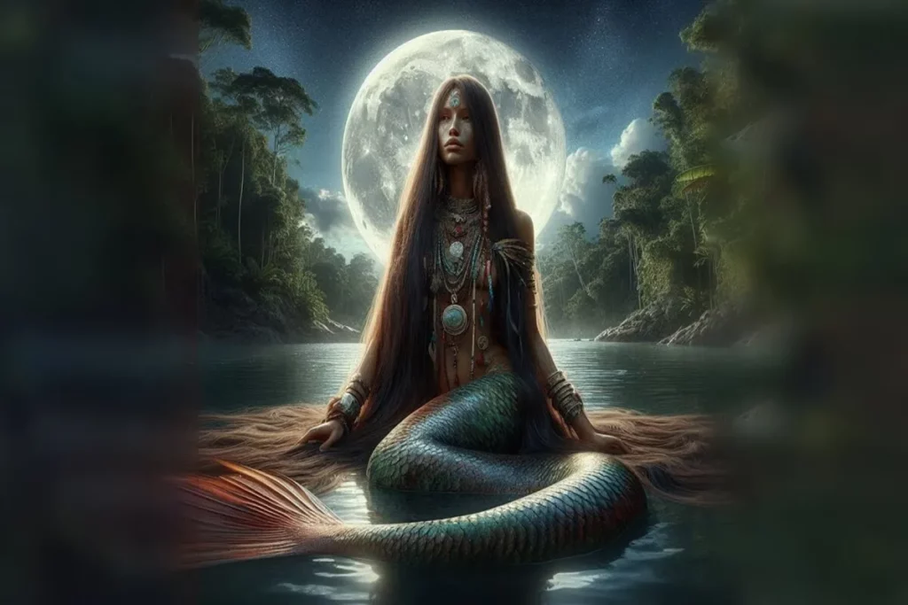 Ilustração de uma sereia indígena, a Iara, sentada num rio à luz de uma lua cheia. A imagem retrata uma figura mítica do folclore brasileiro, evocando as lendas indígenas e o mistério da floresta tropical.