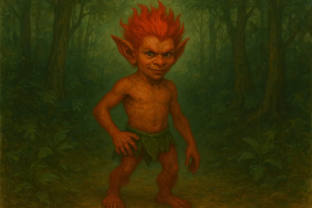 Pintura de um Curupira, uma criatura mítica das lendas indígenas, com cabelos vermelhos e um corpo coberto de pelos, a usar uma saia de folhas. A imagem evoca o folclore brasileiro.