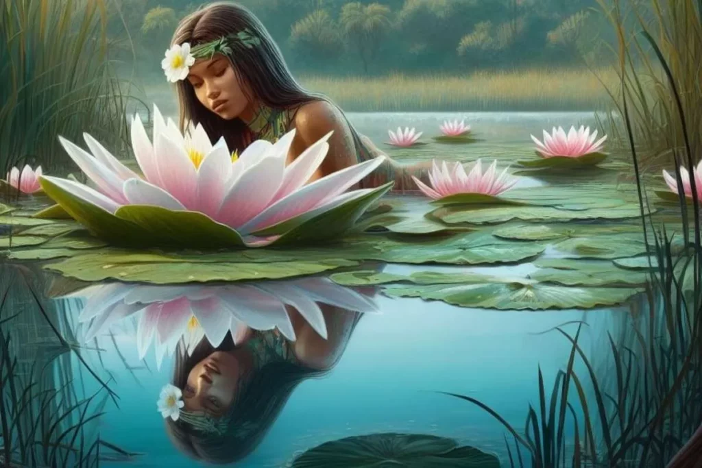 Ilustração de uma bela mulher indígena, representando a lenda da Vitória Régia, a flutuar na água entre grandes flores de lótus. A imagem, que reflete o folclore, evoca a beleza e o simbolismo das lendas indígenas.