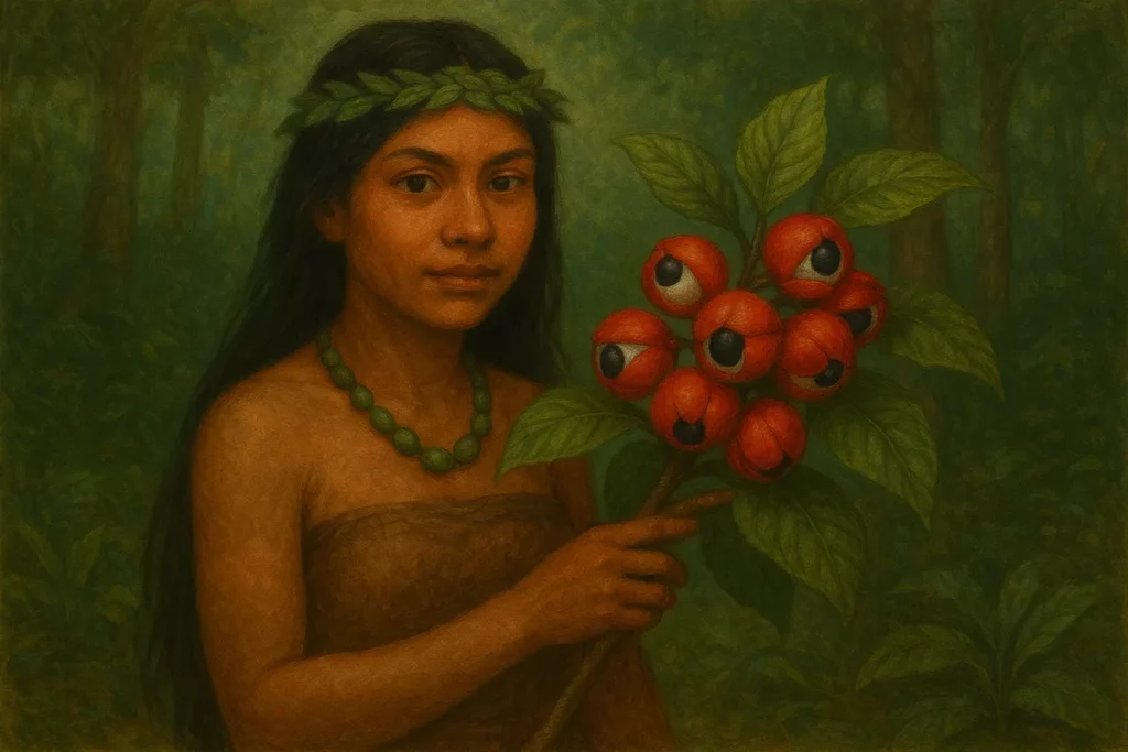 Ilustração artística de uma jovem indígena segurando galhos de guaraná, fruto típico da Amazônia, representando a lenda do guaraná