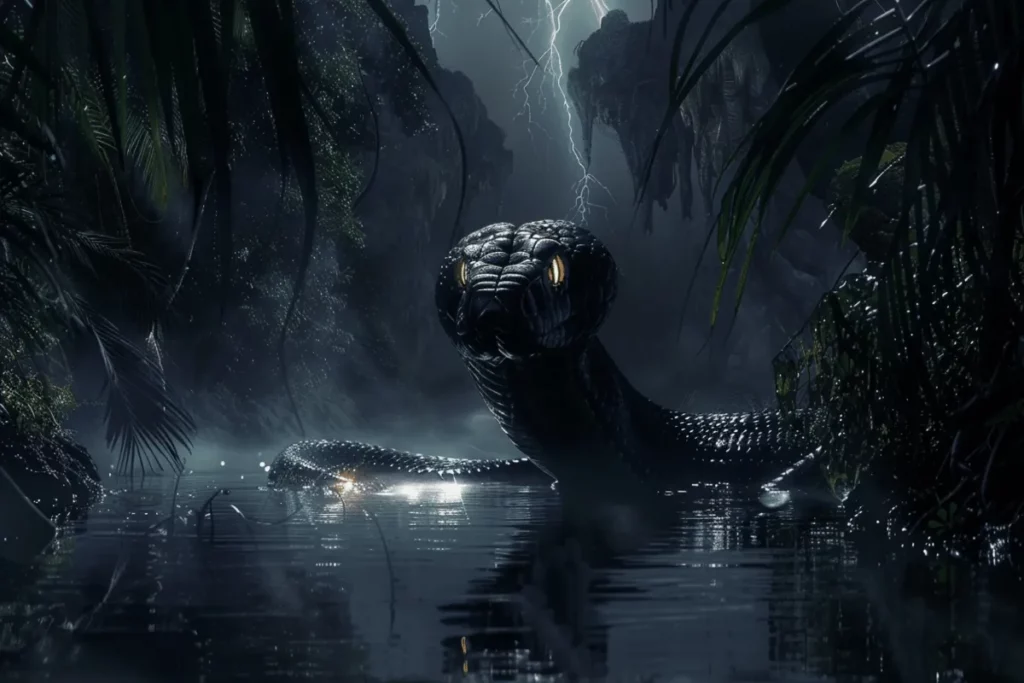 Ilustração de uma serpente gigante e escura, a Cobra-Grande, a emergir de um rio durante uma noite de tempestade. A imagem retrata uma poderosa criatura das lendas indígenas, com olhos brilhantes e reflexos na água.