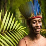 Retrato de um jovem indígena a sorrir, com um cocar de penas azuis e pinturas faciais tradicionais, num ambiente de floresta. A imagem representa a cultura e a história por trás das lendas indígenas.