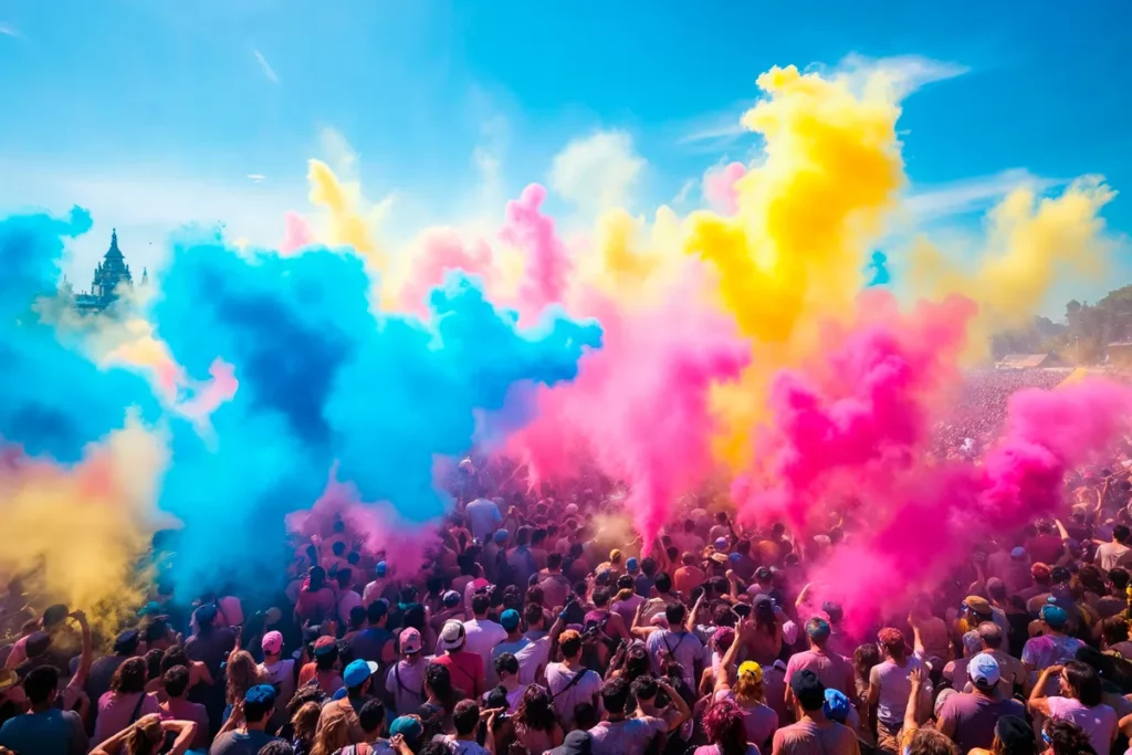 Multidão celebra o Holi Festival jogando pós coloridos no ar em tons de azul, rosa e amarelo.