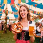 Mulher sorridente com traje típico alemão segura um pretzel e um copo de cerveja durante a Oktoberfest em tenda decorada.