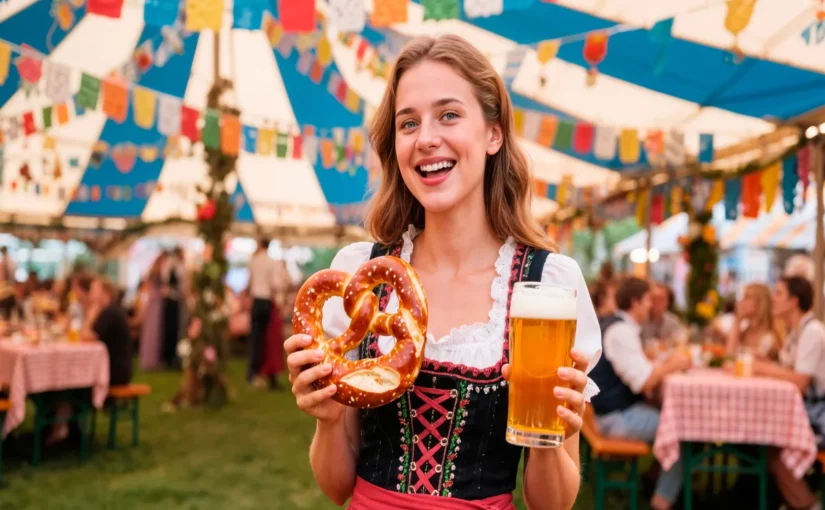 Mulher sorridente com traje típico alemão segura um pretzel e um copo de cerveja durante a Oktoberfest em tenda decorada.