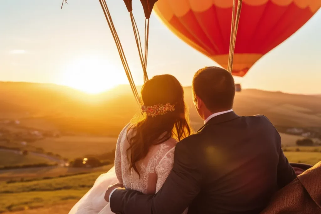 Casal em passeio de balão ao pôr do sol, aproveitando a vista panorâmica e romântica das montanhas