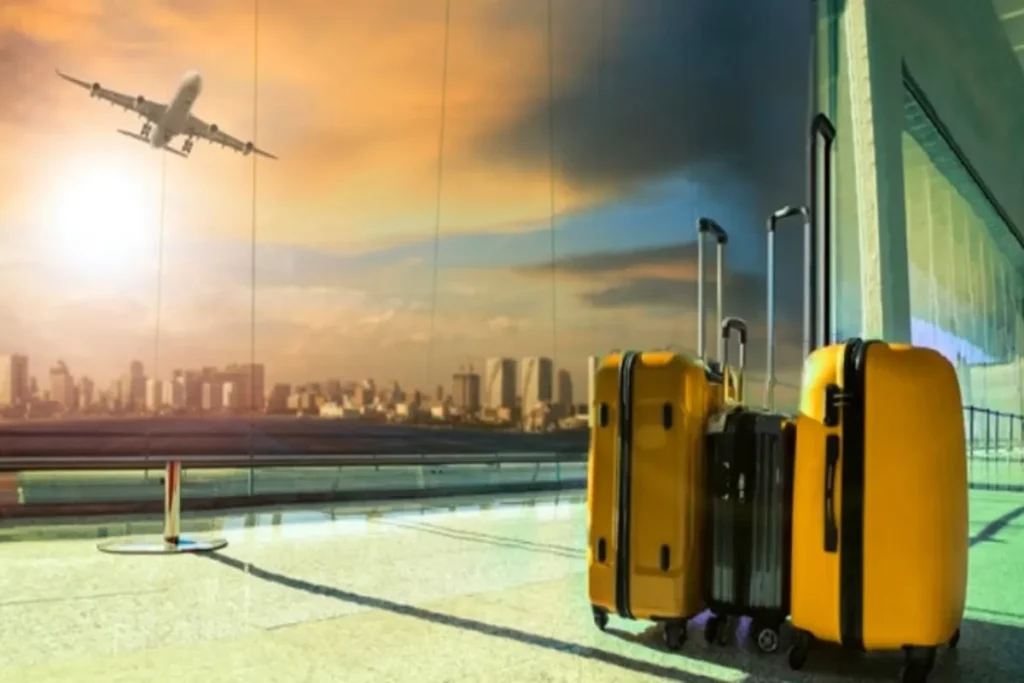 Três malas de viagem amarelas no aeroporto, com avião decolando ao fundo em um pôr do sol.
