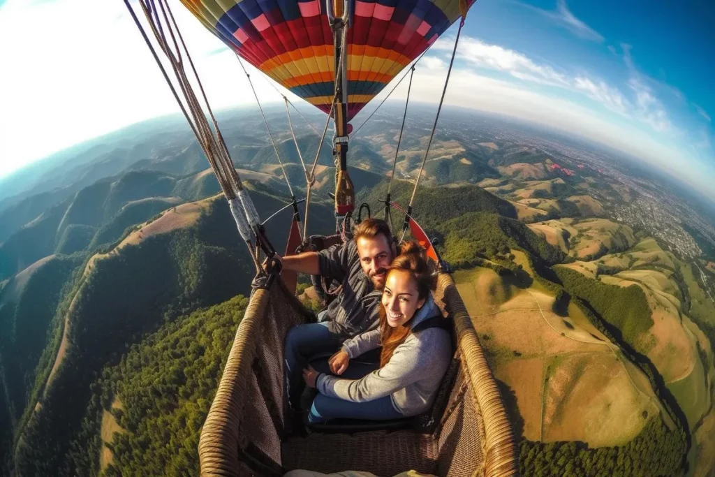 Casal sorridente em passeio de balão sobre montanhas verdes, aproveitando a vista panorâmica e a experiência única nas alturas