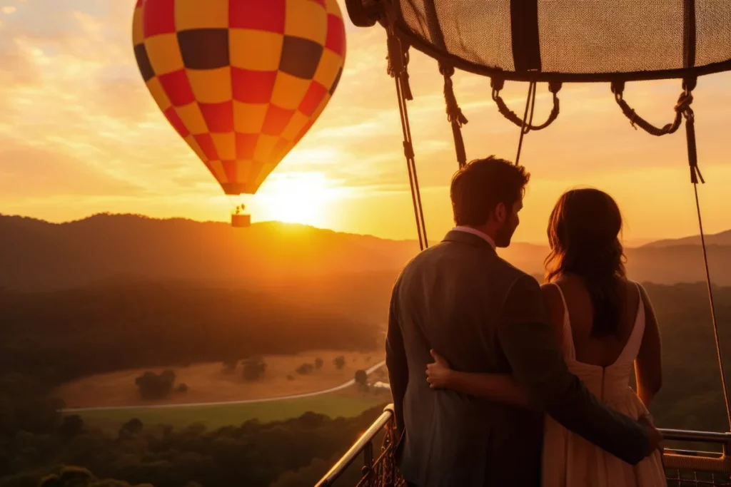 Casal abraçado em passeio de balão ao pôr do sol, observando outro balão colorido sobre as montanhas