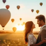 Casal apaixonado olhando nos olhos durante passeio de balão ao pôr do sol, com vários balões coloridos ao fundo