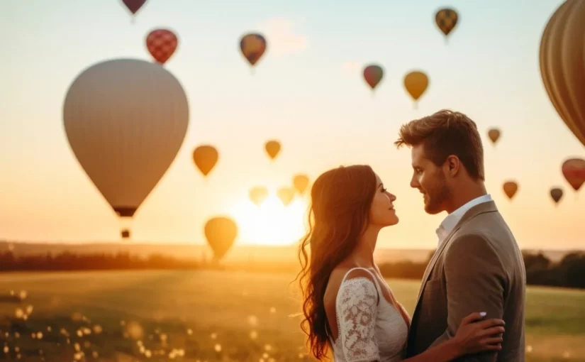 Casal apaixonado olhando nos olhos durante passeio de balão ao pôr do sol, com vários balões coloridos ao fundo