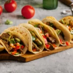 Tacos mexicanos recheados com carne, pimentões, abacate e coentro, servidos em uma tábua de madeira sobre uma mesa rústica