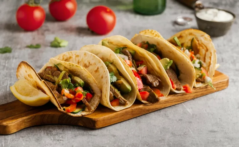 Tacos mexicanos recheados com carne, pimentões, abacate e coentro, servidos em uma tábua de madeira sobre uma mesa rústica