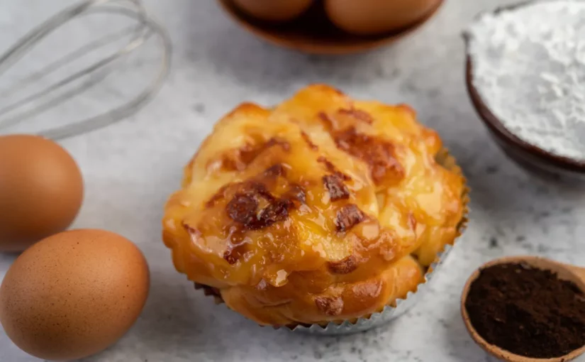 Pastel de Nata caseiro e tostado em close-up, rodeado por ovos, farinha de trigo e batedor de arame, ingredientes de doçaria portuguesa.