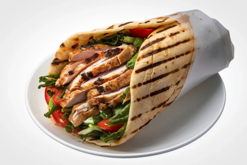 gyros de frango em pão pita grelhado com alface, tomate e fatias de carne
