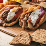 sanduíche gyros com carne, batata frita, tomate, cebola e molho branco em pão pita