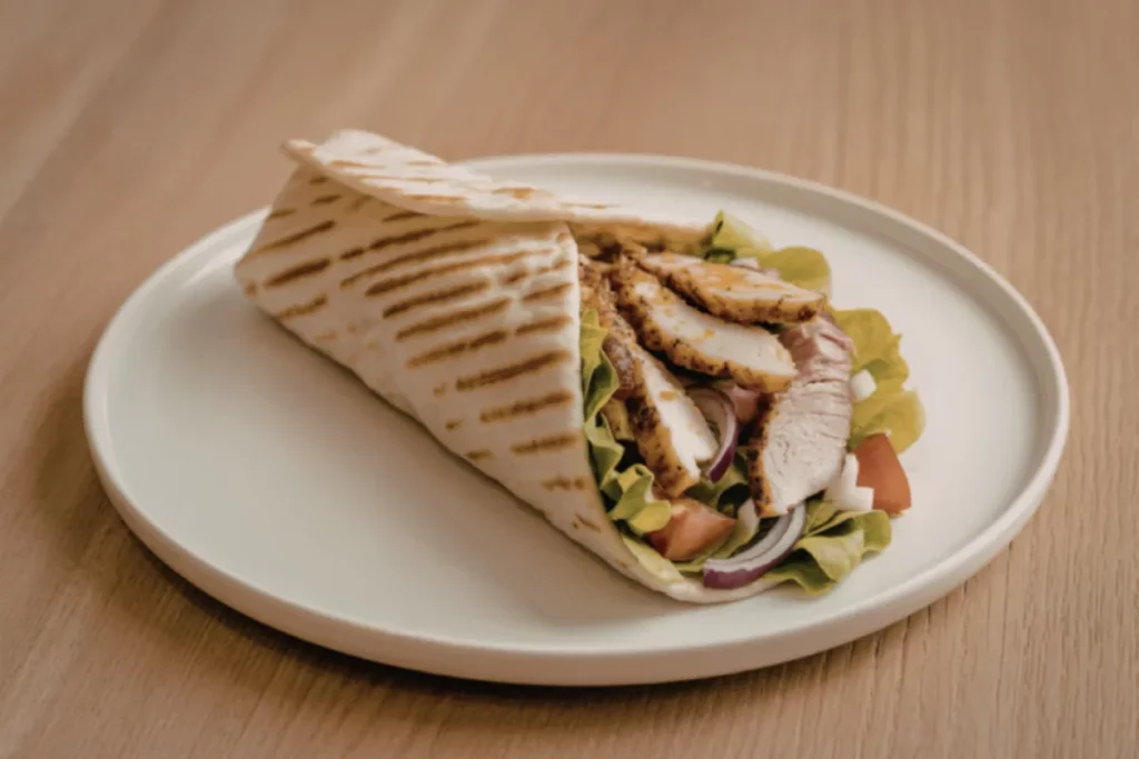 wrap estilo gyros com carne, alface, tomate e cebola servido em prato branco