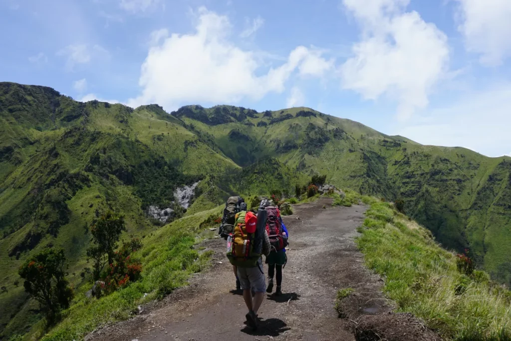 Duas pessoas caminhando em uma trilha de montanha com mochilas grandes e paisagem verde ao redor.