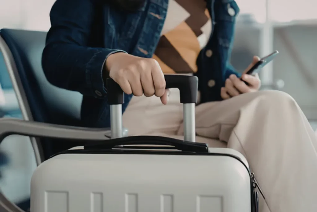 pessoa sentada com mala de viagem segurando celular em área de espera do aeroporto